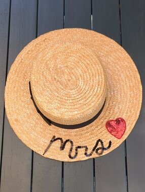 HATSBYOLIVIA "Mrs" Straw Sun Hat with Black Ribbon and Sequin Heart